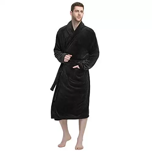 U2SKIIN Mens Fleece Robe Plush Collar Shawl Bathrobe(Black,L/XL)