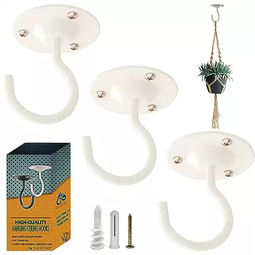 NACETURE Ceiling Hooks for Hanging Plants 3 Pack – Plant Hanger Indoor Hanging Hooks Metal Plant Bracket Iron Lanterns Hangers for Wind Chimes, Planters (Round White 3 Pack) (White, 3 Pack)