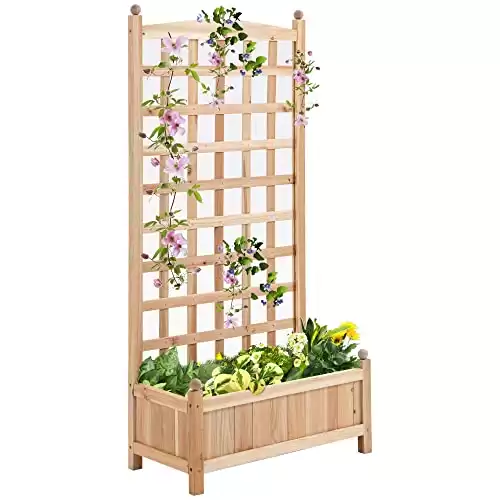 Outsunny Wooden Raised Garden Bed with Trellis, Outdoor Freestanding Planting Planter Box for Climbing Vine Plants Flowers, 24″ x 12″ x 49″