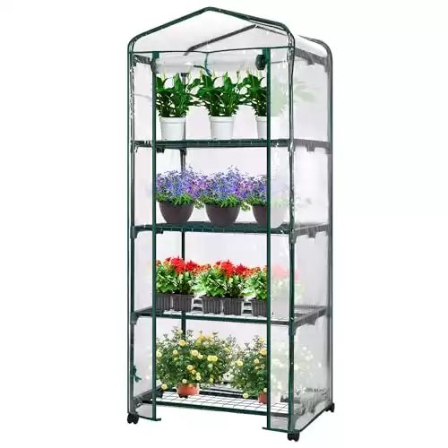 VIVOSUN Mini 4-Tier Greenhouse with Wheels, 27 x 19 x 63-Inch Reusable Portable Warm House with Clear PVC Cover and Shelf for Compact Garden and Small Backyards, with Wheels