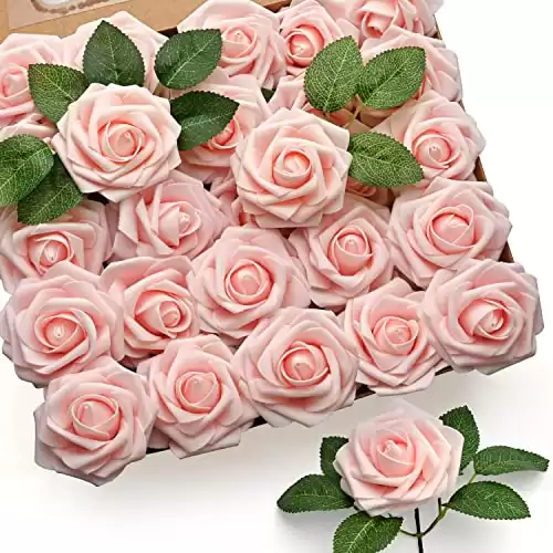 Mocoosy 50Pcs Artificial Rose Flowers, Blush Pink Roses Realistic Foam Fake Rose Bulk with Stem for DIY Wedding Bridal Shower Bouquets Centerpieces Home Party Floral Arrangements Decorations