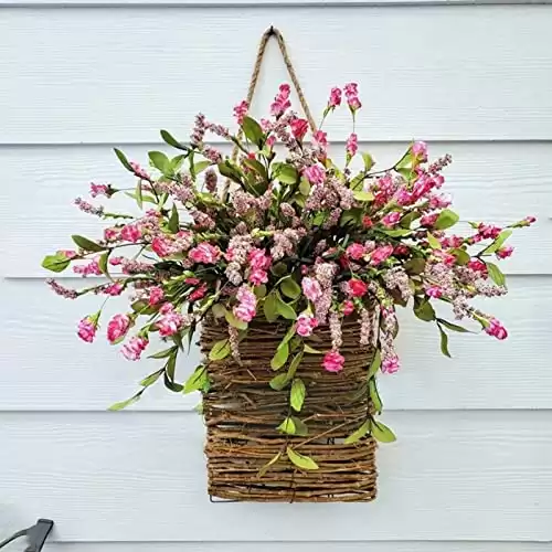Wreaths for Front Door, Meideli Pink Berry Wildflower Door Hanging Basket Wreath 2023 New Spring Wreath Seasonal Welcome Sign for Home Front Door Decoration