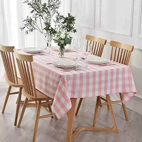 maxmill Checkered Rectangle Tablecloth Water Resistance Wrinkle Free Spillproof Heavy Weight Gingham Plaid Table Cloth for Buffet Banquet Parties Event Holiday Dinner, 60 x 84 Inch Pink and White