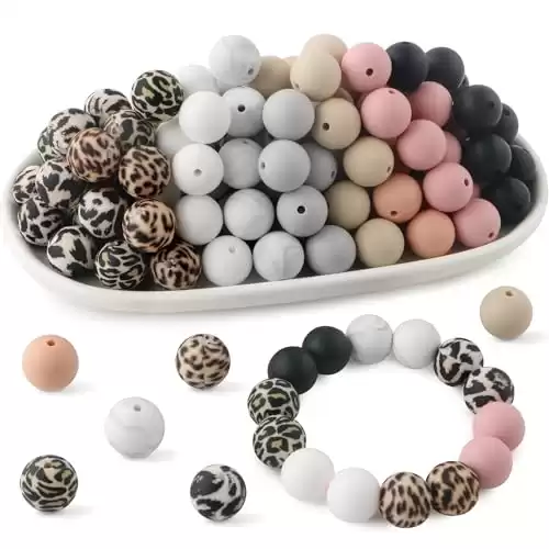 HHCFAST 70Pcs Print Silicone Beads, 15mm Silicone Beads for Keychain Making Dark Leopard Silicone Beads for Pens 15mm Silicone Print Beads for Necklace and Bracelets Making（Classic Leopard）