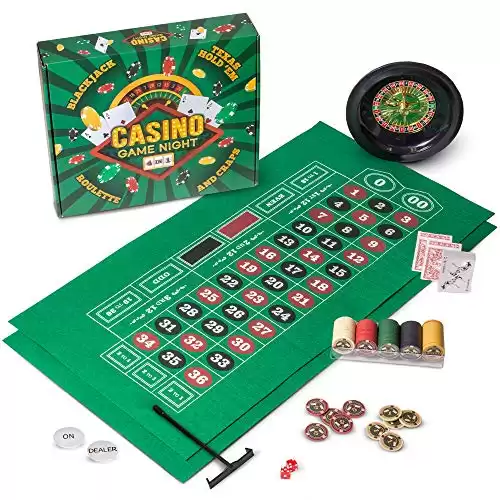 Brybelly Casino Night 4-in-1 Complete Game Set with Felts, Wheel, 100 Chips, Dice & Cards for Blackjack, Craps, Roulette & Texas Hold’em – Green Felt Double Sided Casino Tabletop G...