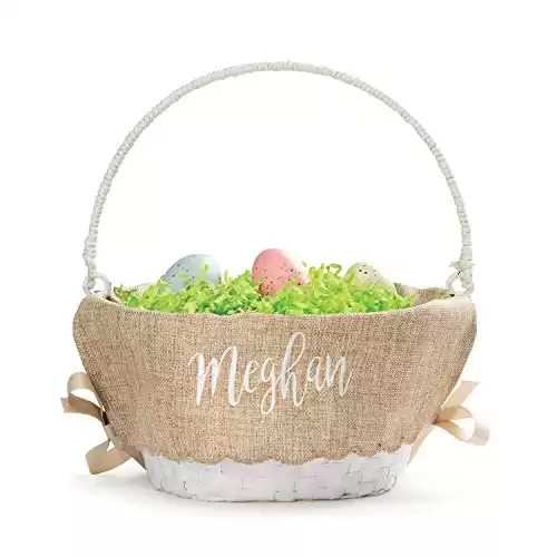 Personalized Easter Egg Basket with Handle and Custom Name in White Script | Scallop Edge Burlap Easter Basket Liners | White Basket | Woven Easter Baskets for Kids Adults | Customized Easter Basket