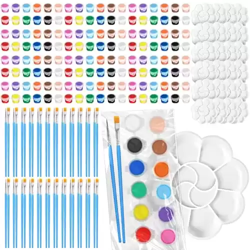 Fulmoon 24 Set Acrylic Paint Kits for Kids Adults Washable Mini Painting Kit Arts Crafts Paint Party Favors Filled Paint Strips Brushes Palettes Bulk for Classroom Home Kit Supplies (Vivid Color)