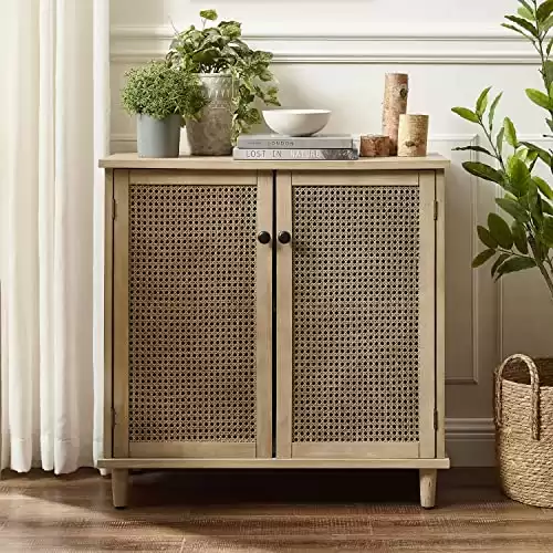 Volans Accent Storage Cabinet with Woven Rattan Wicker Doors, Sideboard Buffet Cabinet for Entryway, Hallway or Living Room, Rubber Wood Veneer