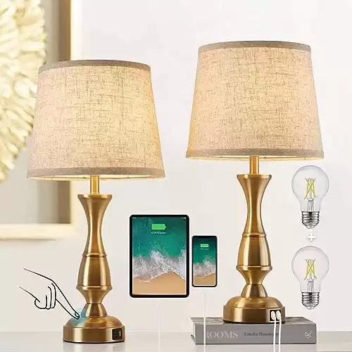 GyroVu Vintage Bedside Lamp Set of 2,Farmhouse Table Lamp Touch Control 3-Way Dimmable End Table Lamp with 2 USB Port, Desk Lamp Modern Nightstand Lamp for Living Room Bedroom Hotel Office