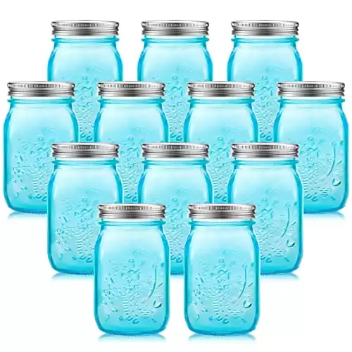 Tessco 12 Pcs 16 oz Colored Mason Jars with Lids Glass Pint Canning Containers Regular Mouth Kitchen Canisters for Food Storage, Christmas DIY Crafts, NOT Allowed Dishwasher (Baby Blue)