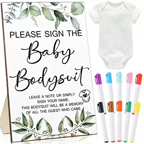 Baby Shower Favors Baby Shower Game Sign Wooden Tabletop Decor Baby Shower Guestbook Newborn Bodysuit Blank Baby Unisex Bodysuit Fabric Marker for Gender Reveal Party Gifts (Greenery)