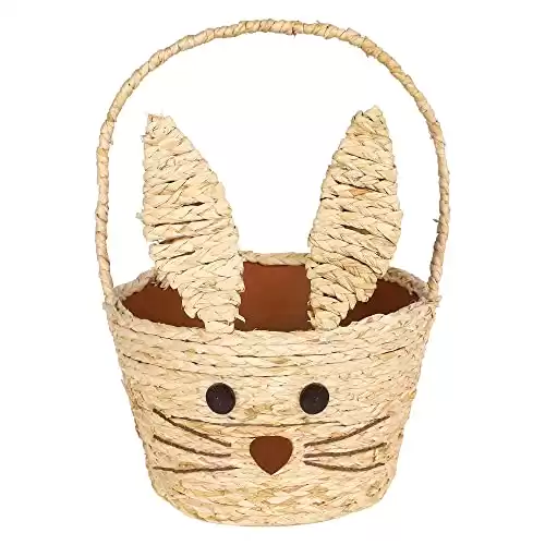Juegoal Easter Bunny Woven Basket for Party Favors, Handmade Straw Wicker Easter Candy Eggs Baskets for Kids, Dia.9.8 x 13.8 Inch Cute Rabbit Picnic Hamper for Egg Hunt Party Gifts Toy Storage