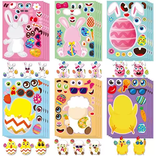 GonLei 24pcs Easter Stickers for Kid, Make-a-face Easter Stickers for Child Easter Egg Farm Animal Rabbit Chicks Sheeps DIY Sticker for Crafts Family Schools Classroom Activities Party Favor Supplies