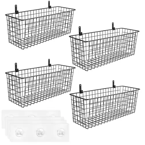 [2 Mounting Options of Adhesive Hook & Steel Hook], 4 Set EXTRA LARGE Hanging Wall Mount Basket for Storage, Sturdy Steel Wire Metal Baskets, Rustic Farmhouse Decor, Kitchen Bathroom Organizer, Bl...