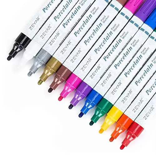 ZEYAR Acrylic Paint Pens for Porcelain, Professional Ceramic painting, 12 colors Water-based, Medium Point, Water and Fade Resistant, DIY on Mugs and other Ceramics for Permanent Collection