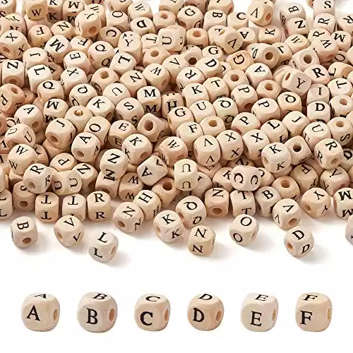 KISSITTY 520pcs/bag Cube Wood Beads with Initial 26 Letters 10mm Natural Square Alphabet Wooden Loose Beads for Jewelry DIY Crafts Making PapayaWhip