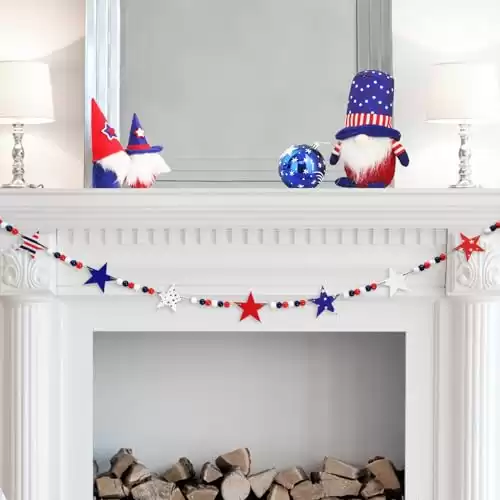 4.2 FT Patriotic Wooden Beads Garland with Star-Shaped Charms, Red White Blue American Flag Colors Beaded Decor, Rustic Farmhouse Banner for 4th of July Decorations, Shelf Display, Fireplace, Wall