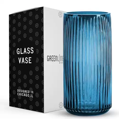 Greenline Goods Ribbed Flower Vase with Rounded Bottom - Blue Hand-Blown Glass Vases for Flowers, Fluted & Ribbed Design - Elegant Ribbed Vase for Flowers, Premium Blue Glass Vase for Decoration