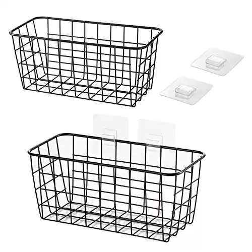 LeleCAT Hanging Kitchen Baskets For Storage Adhesive Sturdy Small Wire Storage Baskets with Kitchen Food Pantry Bathroom Shelf Storage No Drilling Wall Mounted,2 PACK,Black