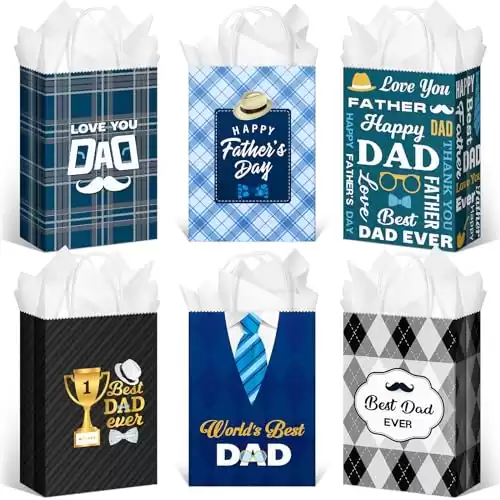 Thenshop 24 Pieces Father's Day Gift Bags with Tissue Paper Happy Fathers Day Paper Bag Fathers Day Gift Wrap Bags with Handle for Men Father's Day Birthday Party Decor Favor (Classic Style)