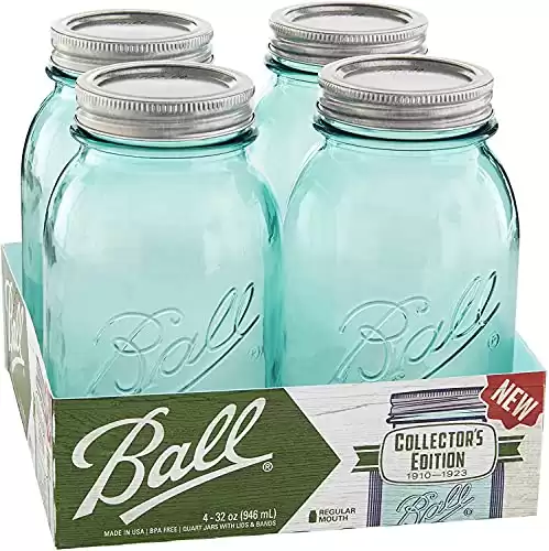 Ball 1440069055 32 Oz Collector'S Edition Aqua Vintage Canning Jar With Lids & Bands 4 Count