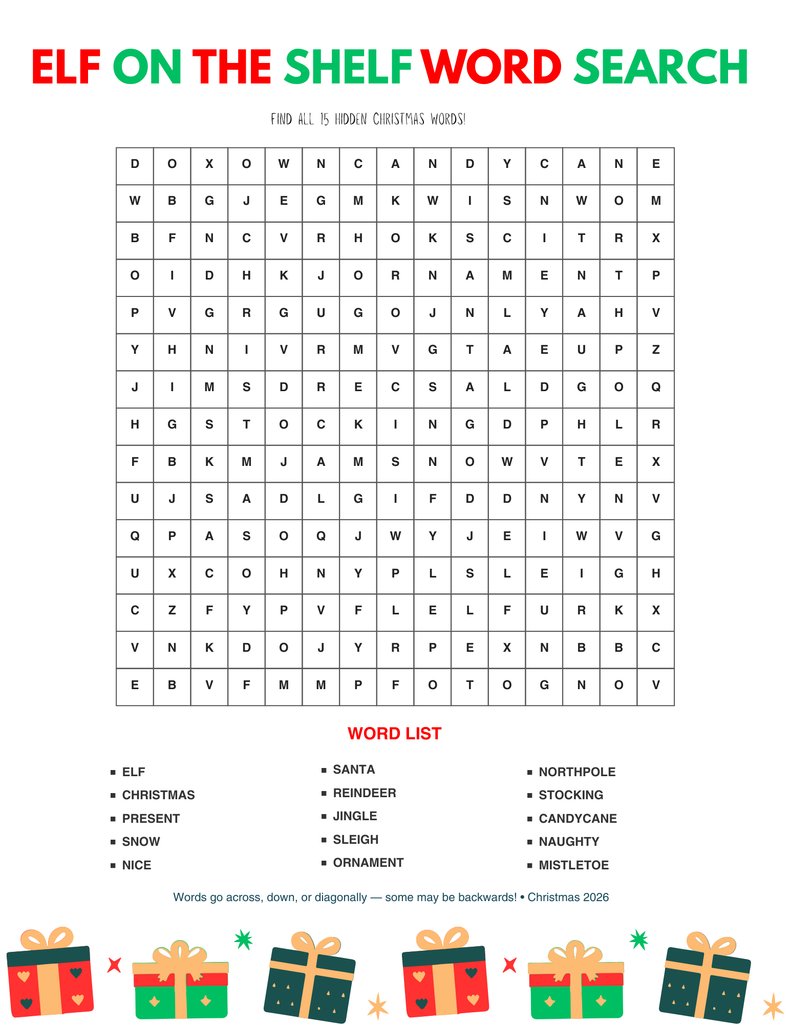 elf on the shelf word search printables